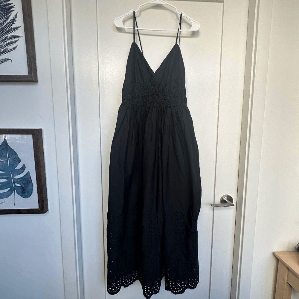 J.Crew Eyelet Midi Dress Black Smocked Waist Size 6 - Picture 3 of 6